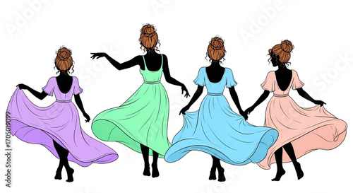 Set of elegant women in colorful flowing dresses from a back view