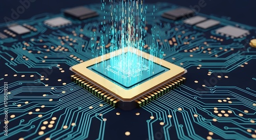 CPU Microchip with Data Stream High Tech Technology Concept