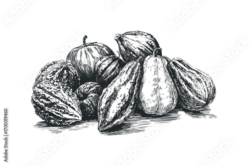 Sketch of assorted gourds and pumpkins on a transparent background. Vector hand drawn illustration