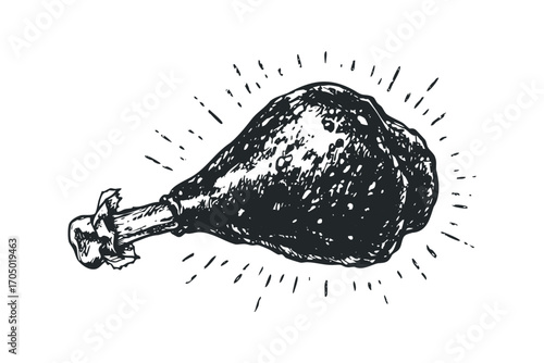 Hand Drawn Chicken Leg with Bone on Transparent. Vector hand drawn illustration