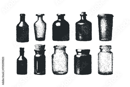 Collection of vintage glass bottles and jars with stippled texture. Vector hand drawn illustration