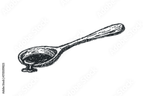 Sketch of a wooden spoon filled with dark liquid and dripping. Vector hand drawn illustration