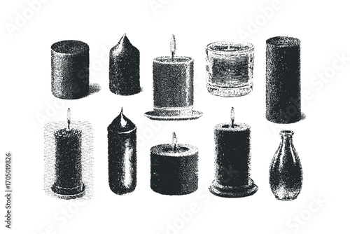 Collection of assorted antique candle shapes and bottle on transparent background. Vector hand drawn illustration