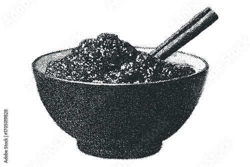 Textured bowl with spoon filled with coarse grains on a white transparent. Vector hand drawn illustration