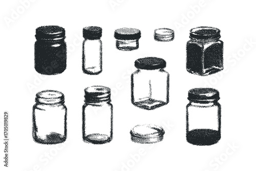 Collection of assorted empty glass vial and jar containers on transparent. Vector hand drawn illustration