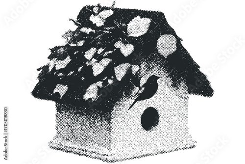 Small bird perching on a rustic birdhouse with foliage on transparent background. Vector hand drawn illustration