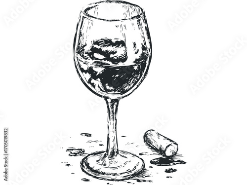 Sketch of a wine glass with liquid and a cork on a white background. Vector hand drawn illustration