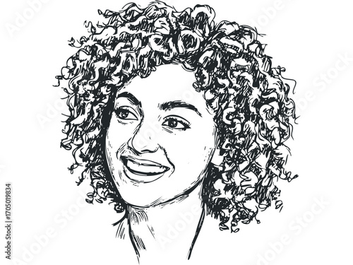 Sketch portrait of a smiling Black woman with curly hair. Vector hand drawn illustration