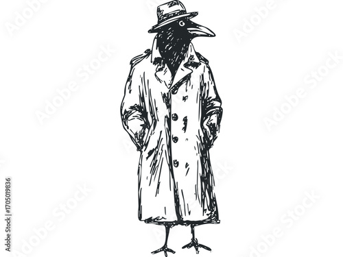 Crow wearing trench coat and hat, image. Vector hand drawn illustration