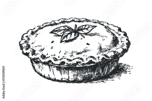 Hand drawn pie with leaves on transparent background. Vector hand drawn illustration