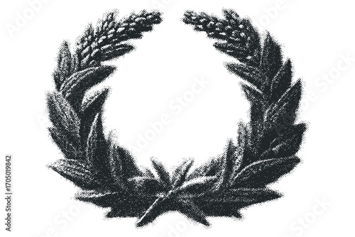 Laurel wreath ornament on transparent background with stippled texture. Vector hand drawn illustration