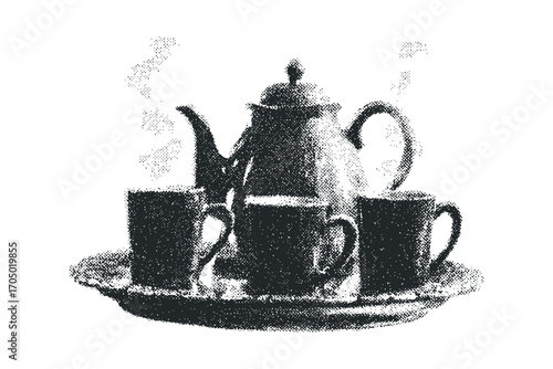 Hot beverage set with teapot and three cups steaming on a serving tray. Vector hand drawn illustration