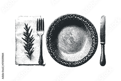 Halftone style dining setup with plate fork and knife on white. Vector hand drawn illustration