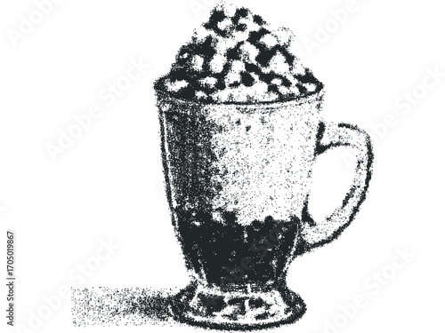 Black ink drawing of tall glass filled with layered coffee and whipped cream. Vector hand drawn illustration
