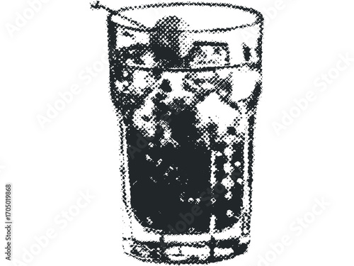 Grunge Halftone Styled Tall Glass with Dark Beverage and Ice Cubes. Vector hand drawn illustration