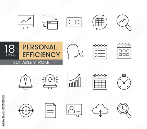 A set of vector icons representing personal efficiency tools, including scheduling, planning, focus, notifications, reminders, charts, and time tracking