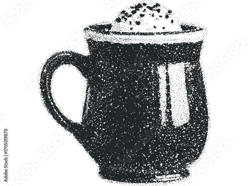 Stippled drawing of a coffee mug filled with frothy beverage. Vector hand drawn illustration