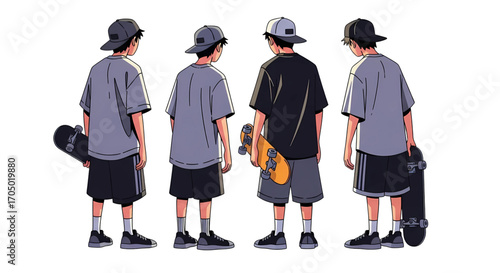 Set of skater boys in street style clothes holding skateboards from a back view