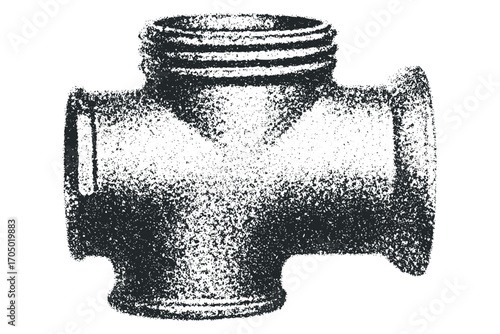 Tee fitting pipe plumbing object monochrome texture. Vector hand drawn illustration