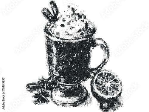 Hot Winter Drink Image with Cinnamon Stick and Orange Slice. Vector hand drawn illustration
