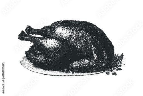 Textured Roasted Poultry on a Plate. Vector hand drawn illustration