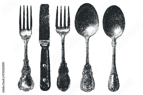 Vintage fork knife and spoon set etched on transparent background. Vector hand drawn illustration