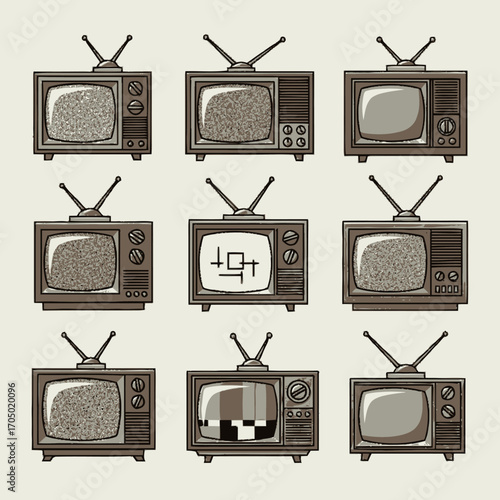 Nine Retro Television Sets with Various Screen Displays and Antennae