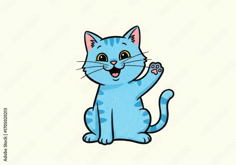 Obraz premium Cute blue cartoon cat waving hello friendly greeting