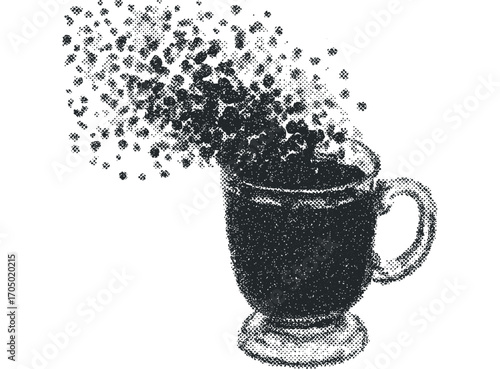 Cup of hot coffee dispersing into dots image. Vector hand drawn illustration