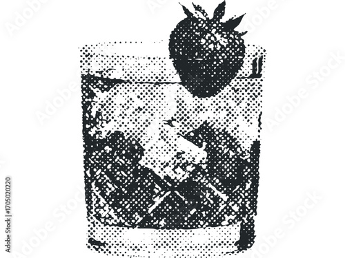 Halftone Styled Strawberry Drink on Transparent. Vector hand drawn illustration