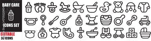Baby Care Icons Set: Editable 30 Newborn, Infant, and Toddler Vector Icons for Web and Apps