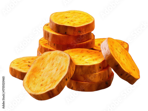 Pile of sliced sweet potato isolated on transparent background