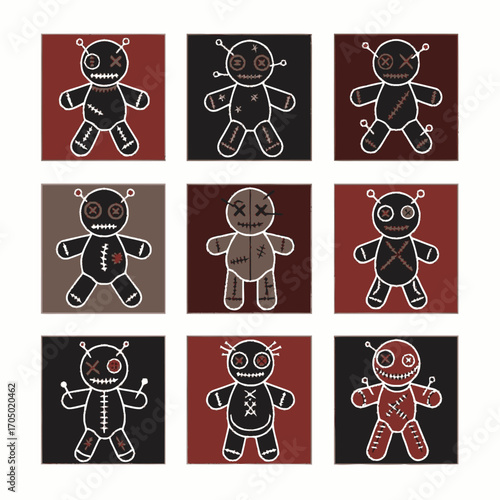 Nine Voodoo Dolls with Stitched Features and Button Eyes in Square Frames