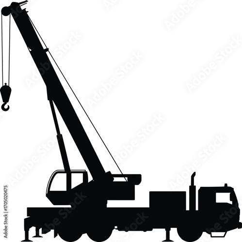 Silhouette of mobile crane truck, heavy lifting equipment, construction vehicle, industrial machinery, boom crane, construction site, crane hook, crane operator cabin