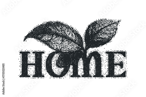 Text "HOME" with leaves on transparent. Vector hand drawn illustration