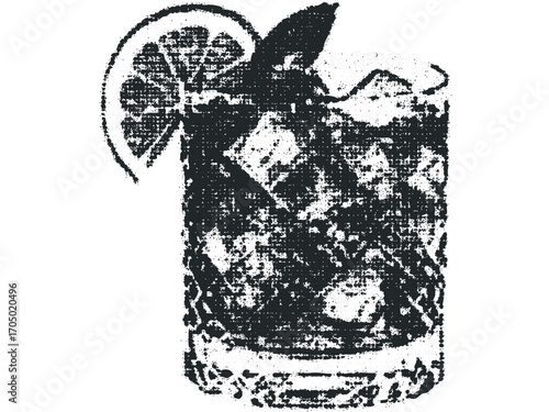 Textured cocktail with lemon slice and ice cubes on a transparent background. Vector hand drawn illustration