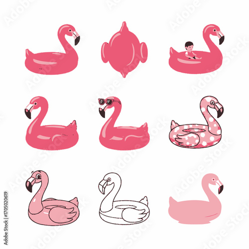 Collection of Pink Flamingo Pool Floats in Various Styles and Poses, Summer Fun