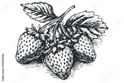 Sketch of Three Strawberries with Leaves on Transparent Background. Vector hand drawn illustration