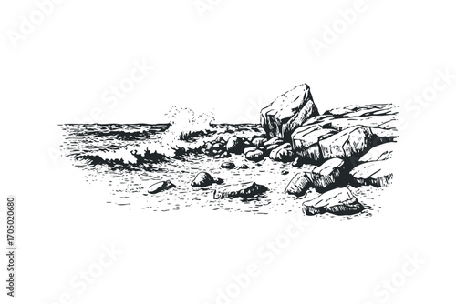 Ink Sketch of Ocean Waves Crashing on Rocky Shore. Vector hand drawn illustration