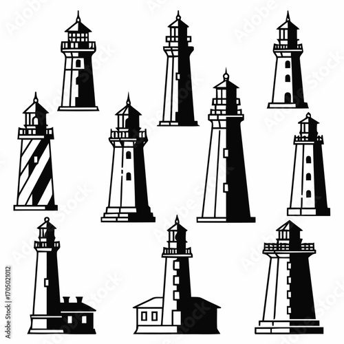 Collection of Black and White Lighthouse Silhouettes with Varying Designs