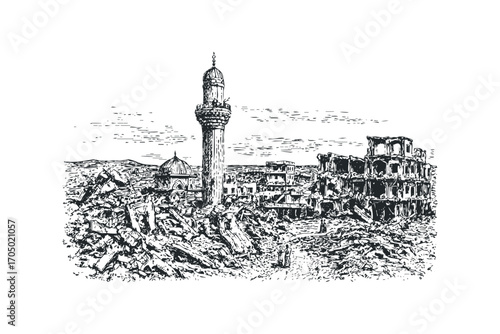 Pencil sketch of a war torn city with a mosque minaret and destroyed buildings. Vector hand drawn illustration