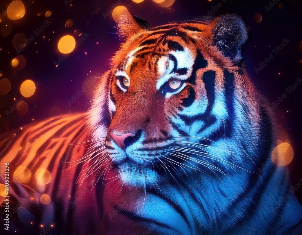 Naklejka premium Tiger in a vibrant dreamy atmosphere with colorful flares and sparkling ambient light