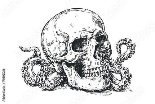 Skull with octopus tentacles ink sketch. Vector hand drawn illustration