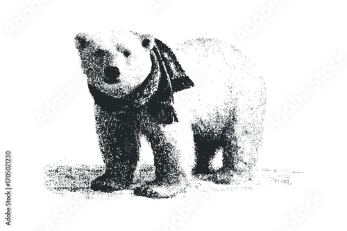 Polar bear wearing scarf on transparent background. Vector hand drawn illustration