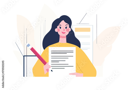 Creative woman holding pencil and paper with writing content for blogging, content creation, freelance writing, and digital article publishing concept in flat vector style