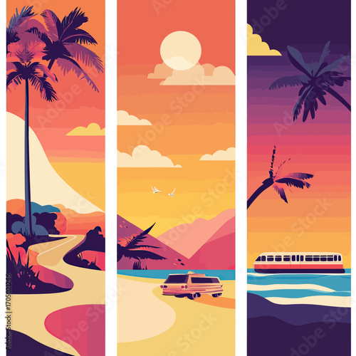 Sunset tropical beach trip with palm trees, car driving along coastal road, ocean waves and distant mountains in vibrant gradient colors vector illustration