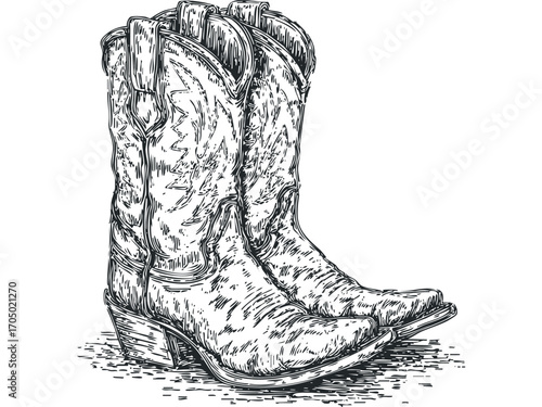 Detailed ink drawing of vintage cowboy boots on a transparent background. Vector hand drawn illustration