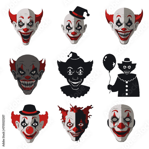 Collection of Nine Creepy Clown Faces with Varying Expressions and Styles