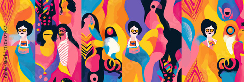 Abstract colorful seamless pattern with stylized female faces and tropical birds in flat minimalist vector art style for decorative textile or wallpaper design