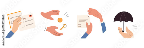 Business hands holding document signing key coin and hand holding umbrella protection concept flat vector illustration set
